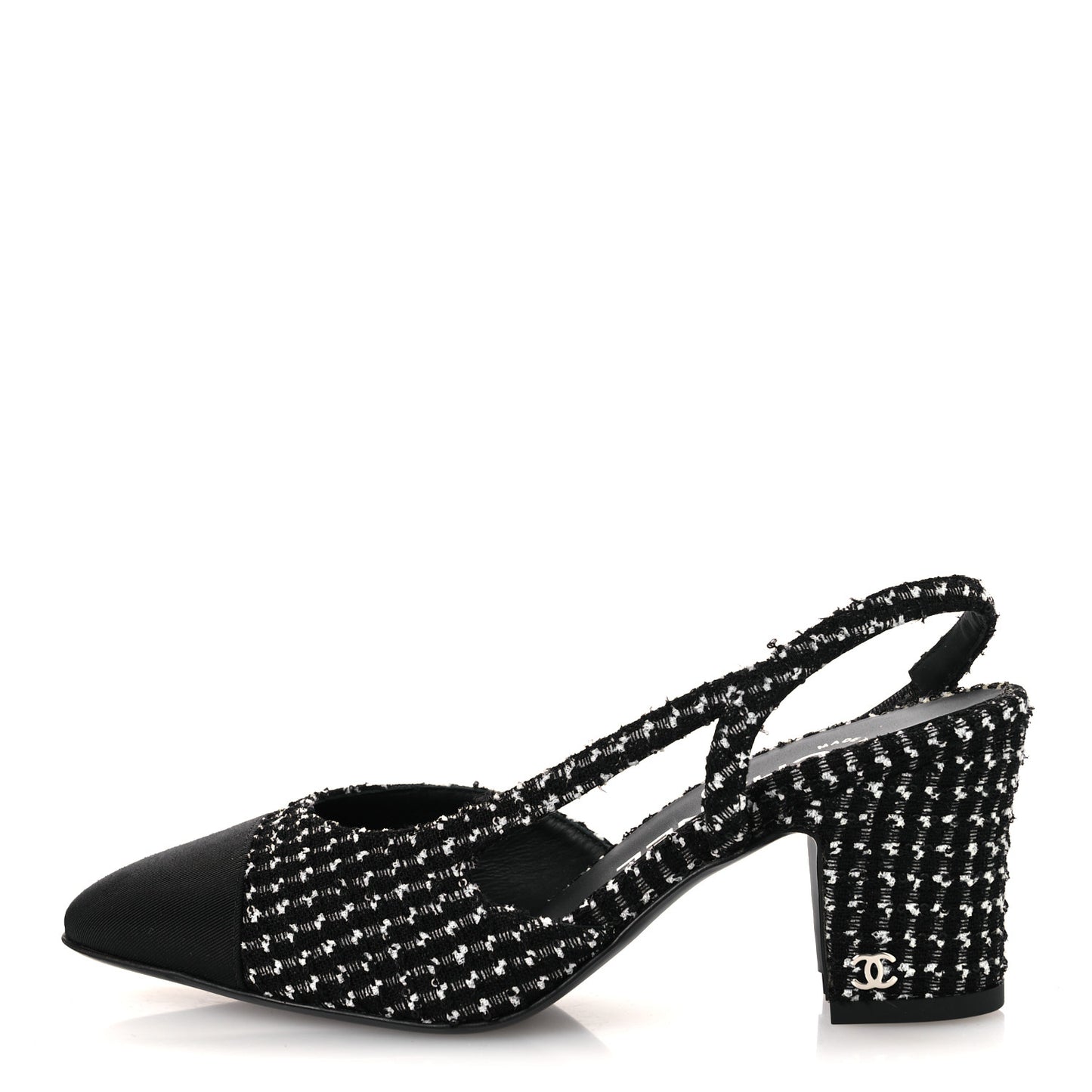 Tweed Grosgrain Cap Toe CC Slingback Pumps 35 Black White