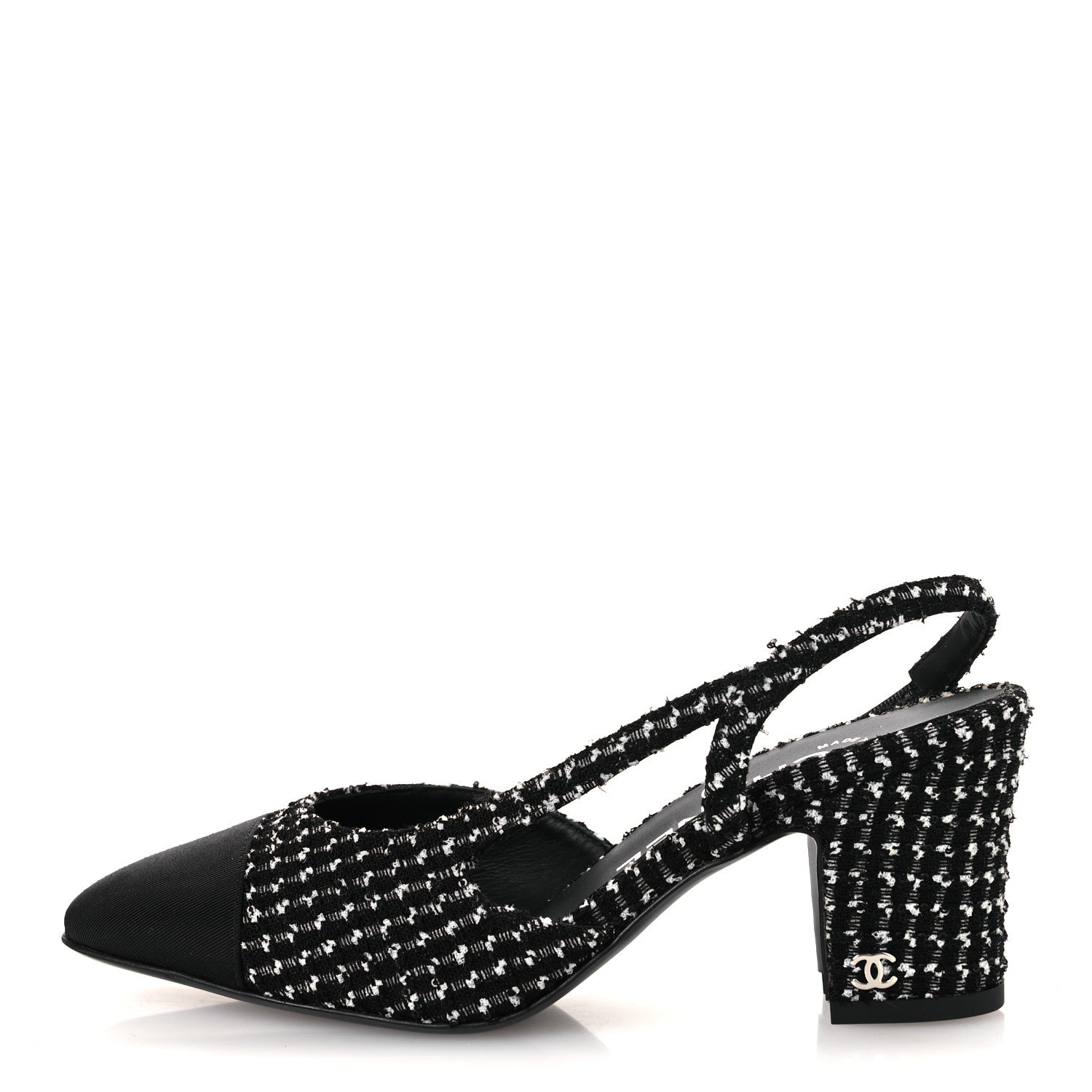 Chanel Tweed Grosgrain Cap Toe CC Slingback Pumps 35 Black White 1 of 12