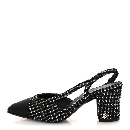 Chanel Tweed Grosgrain Cap Toe CC Slingback Pumps 35 Black White 1 of 12