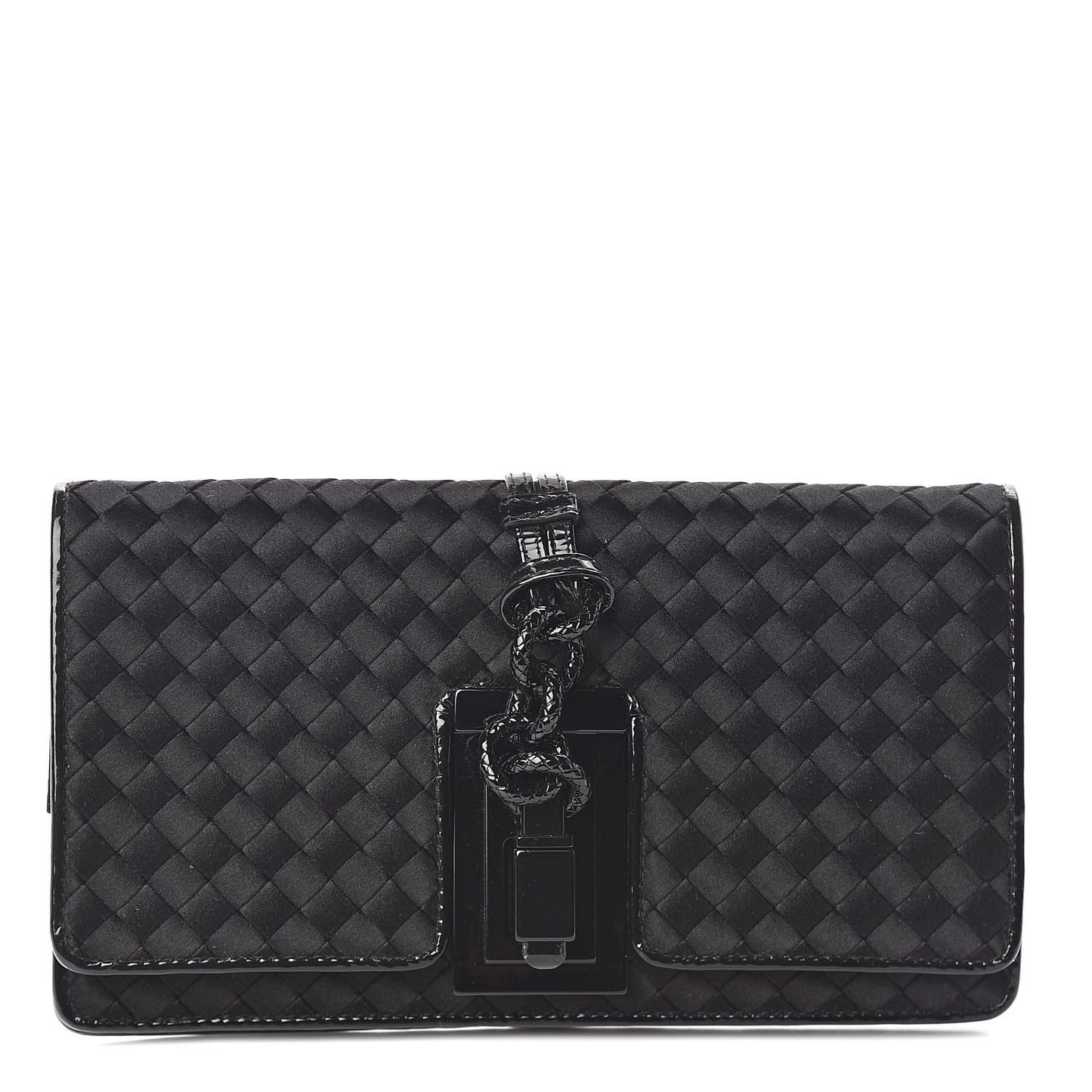 Satin Patent Intrecciato Flap Clutch Black