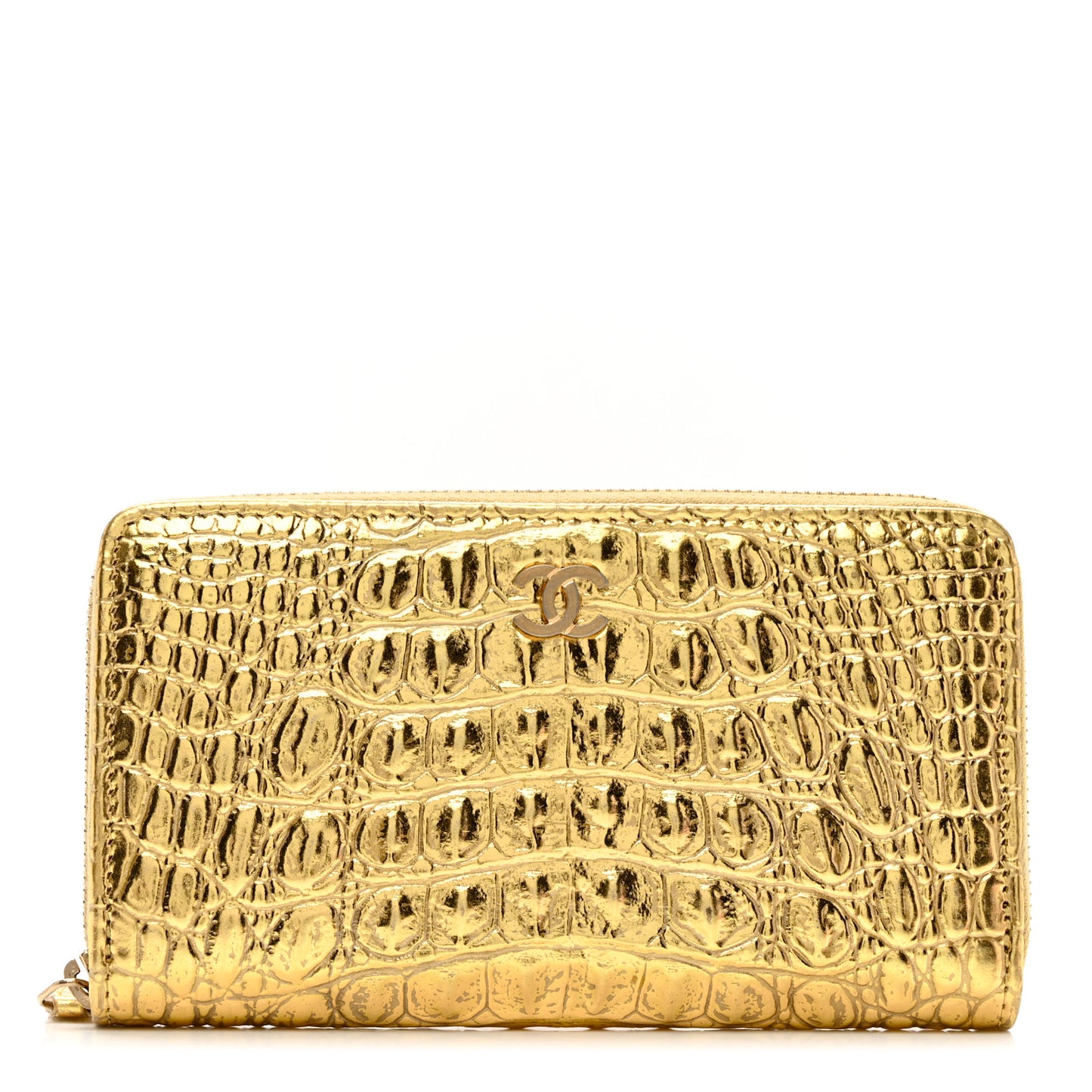 Metallic Calfskin Crocodile Embossed Small Cocodile Zip Wallet Gold