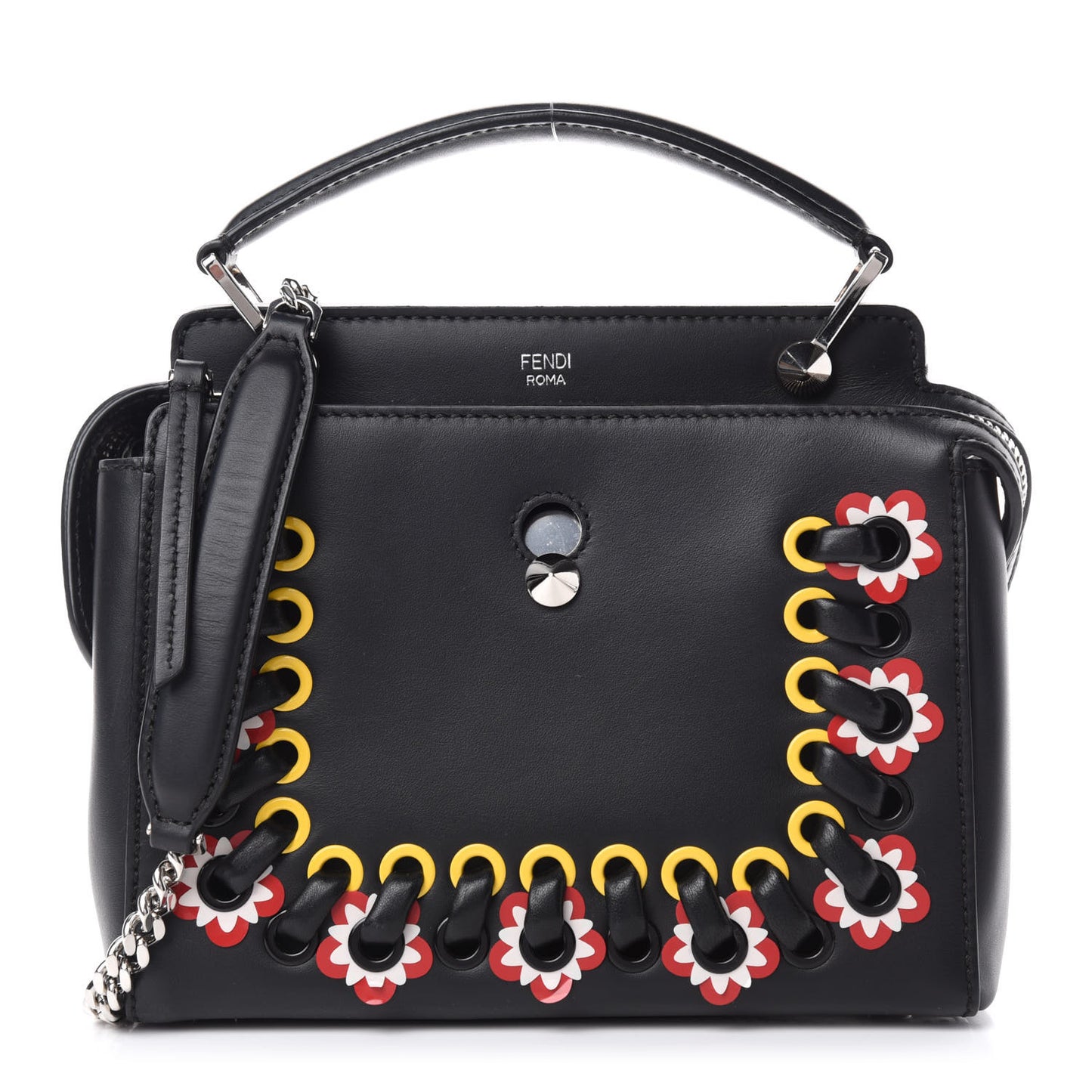Vitello Baltico Shiny Nappa Lace Up Floral Small Dotcom Click Chain Satchel Black