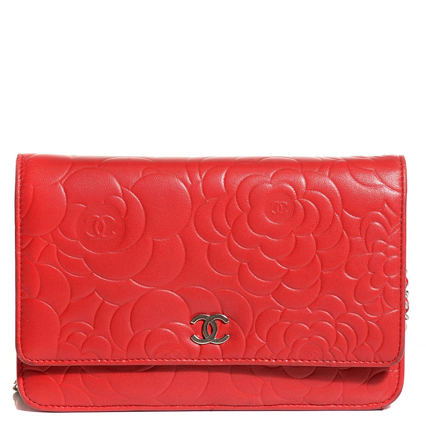 Lambskin Camellia Embossed Wallet On Chain WOC Red