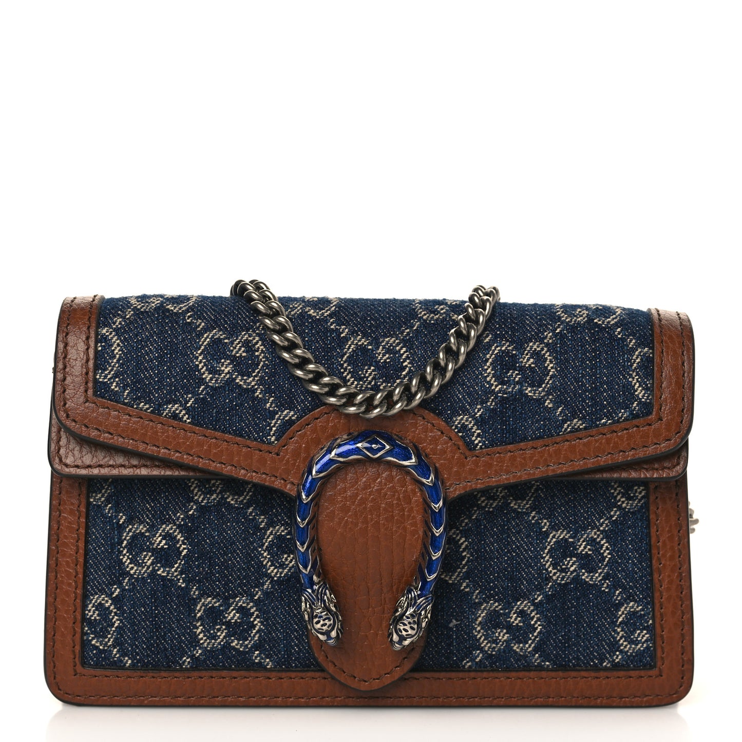 New Denim GG Monogram Dollar Calfskin Enamel Super Mini Dionysus Shoulder Bag Blue Tea Cuir Epilog Electric Blue