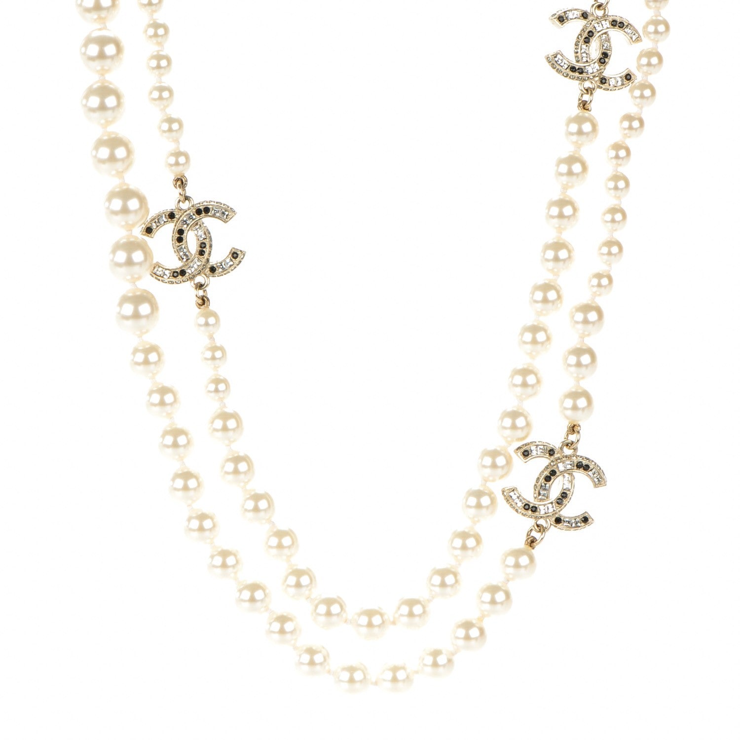 Chanel Graduated Pearl Crystal CC Long Necklace Gold Black 1 of 5