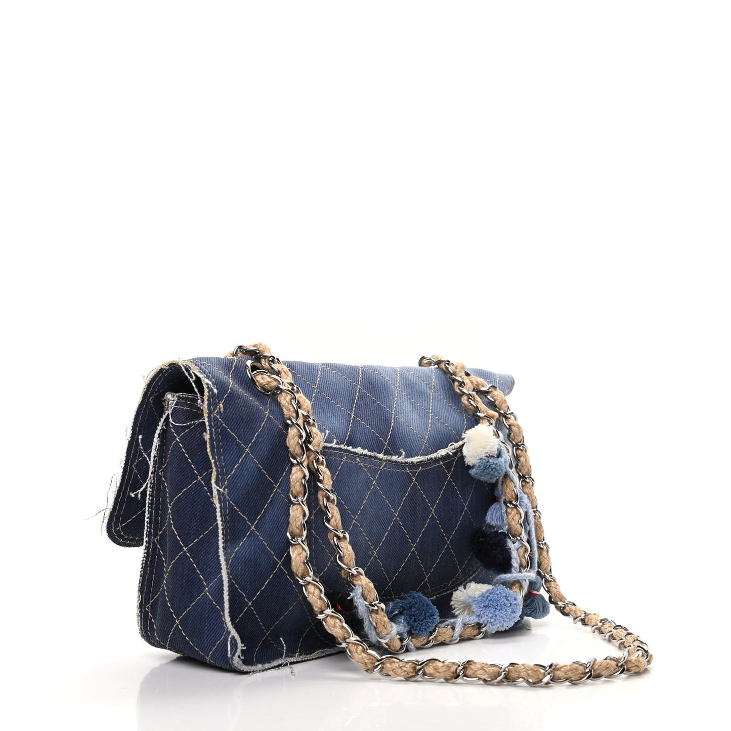 Denim Quilted Medium Pompom Flap Dark Blue