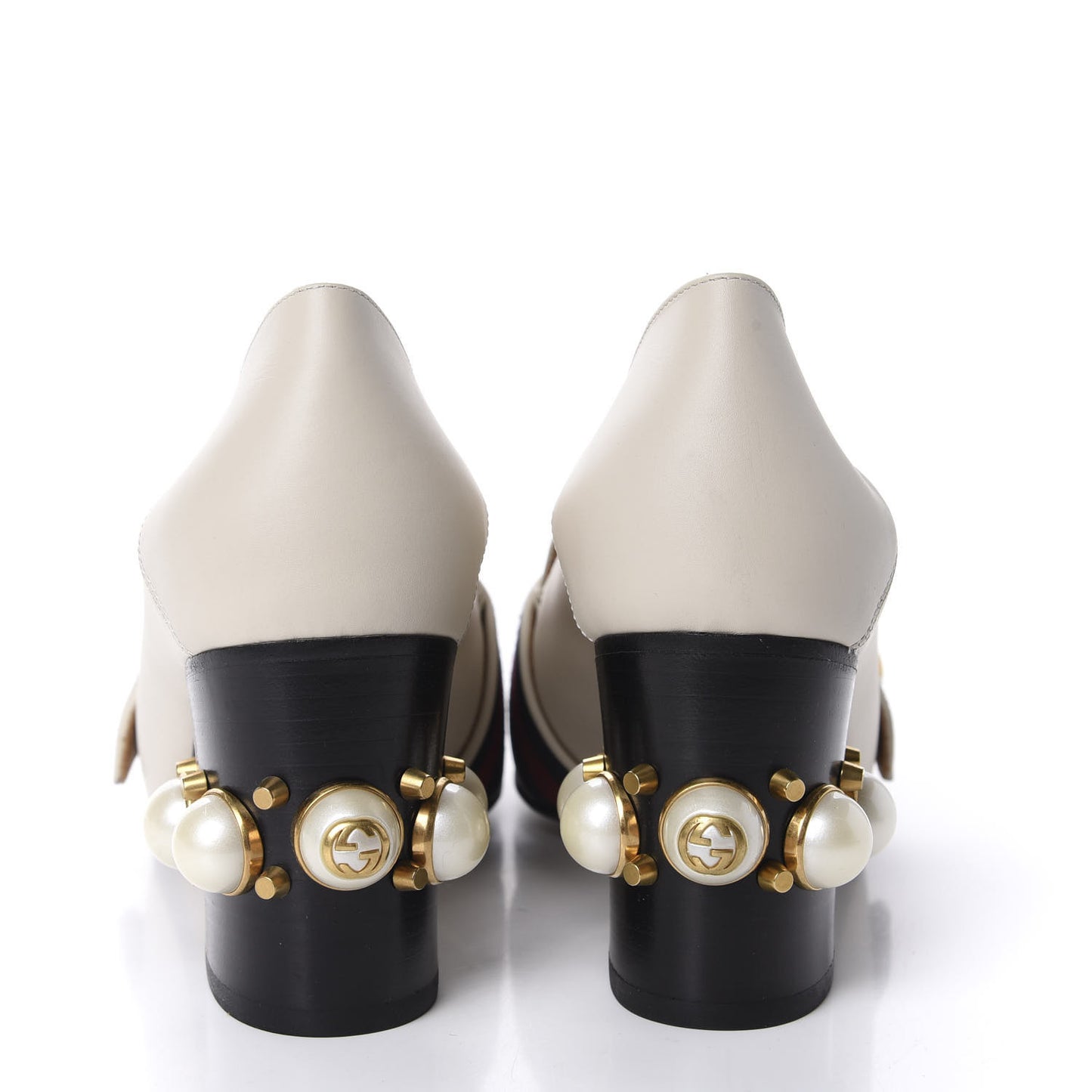 Betis Glamour Calfskin Web Pearl Embellished Peyton 75mm Loafer Pumps 37.5 Mystic White