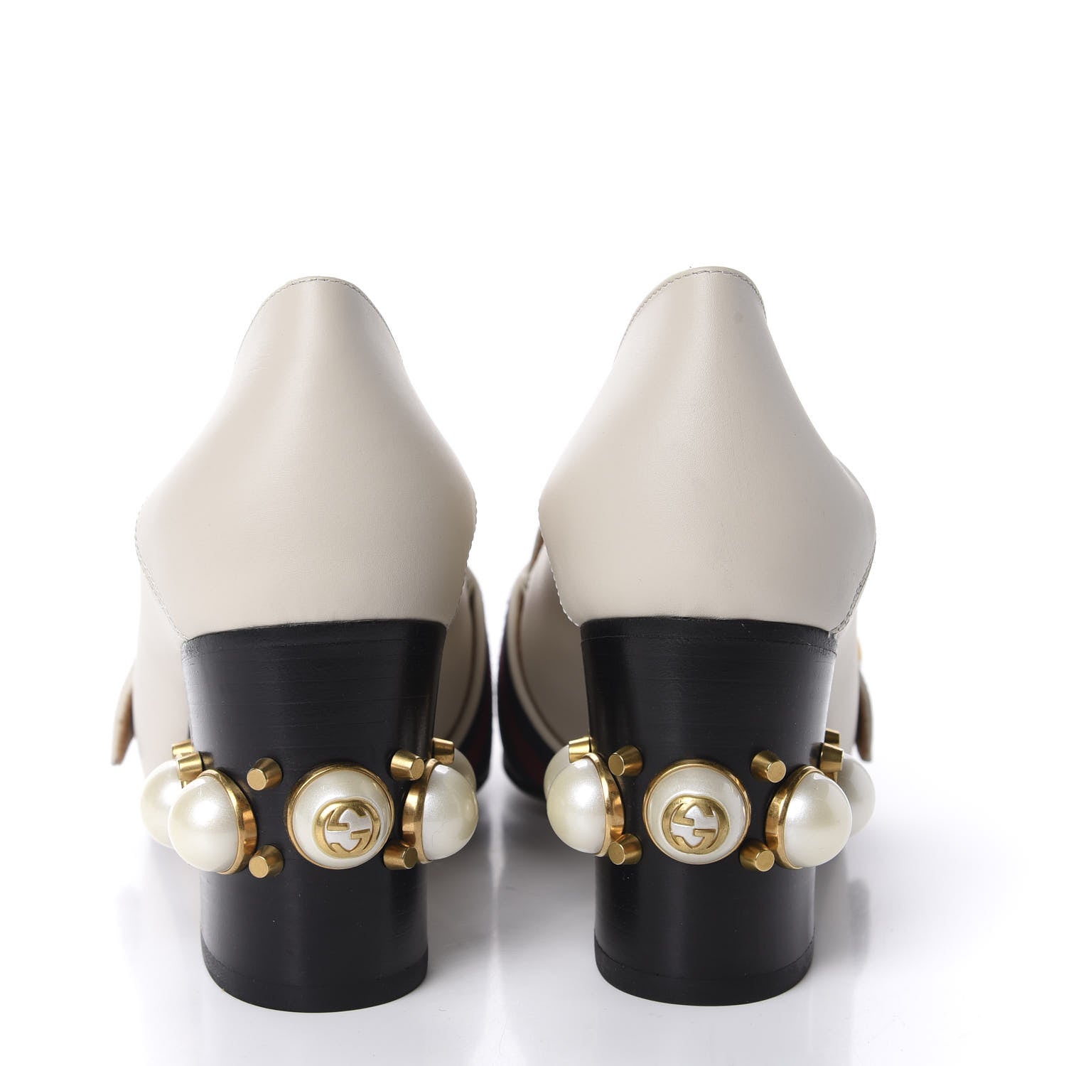 Gucci Betis Glamour Calfskin Web Pearl Embellished Peyton 75mm Loafer Pumps 37.5 Mystic White 5 of 10