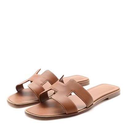 Hermes Box Calfskin Oran Sandals 38.5 Gold 4 of 9