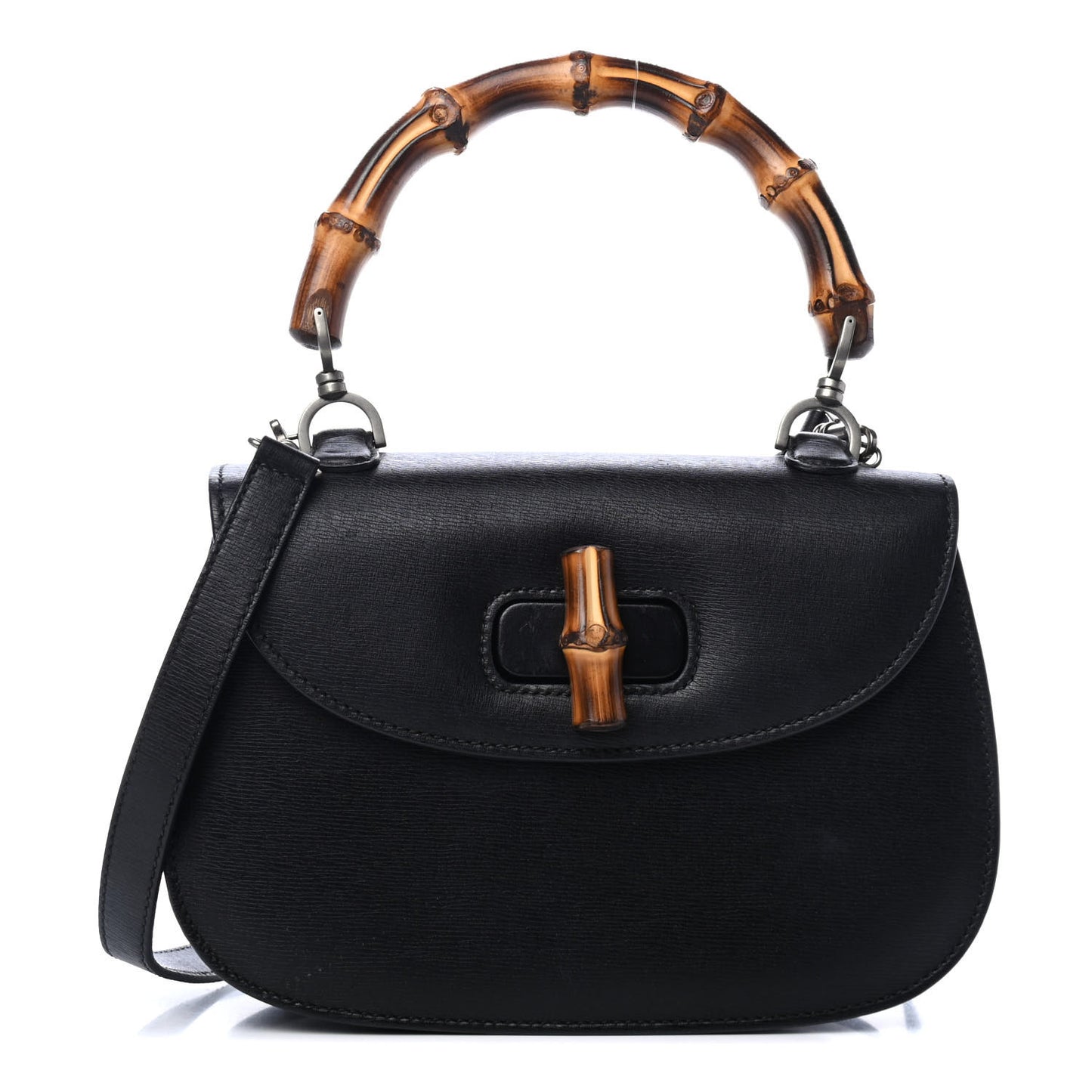 Shangai Calfskin Small Classic Bamboo Top Handle Bag Black