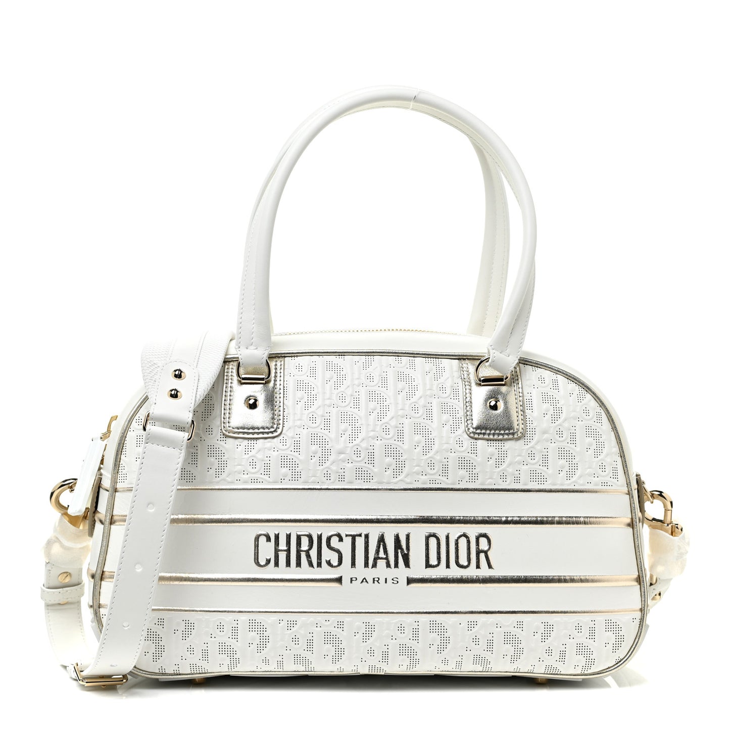 Perforated Calfskin Medium Dior Vibe Classic Bowling Bag White Gold