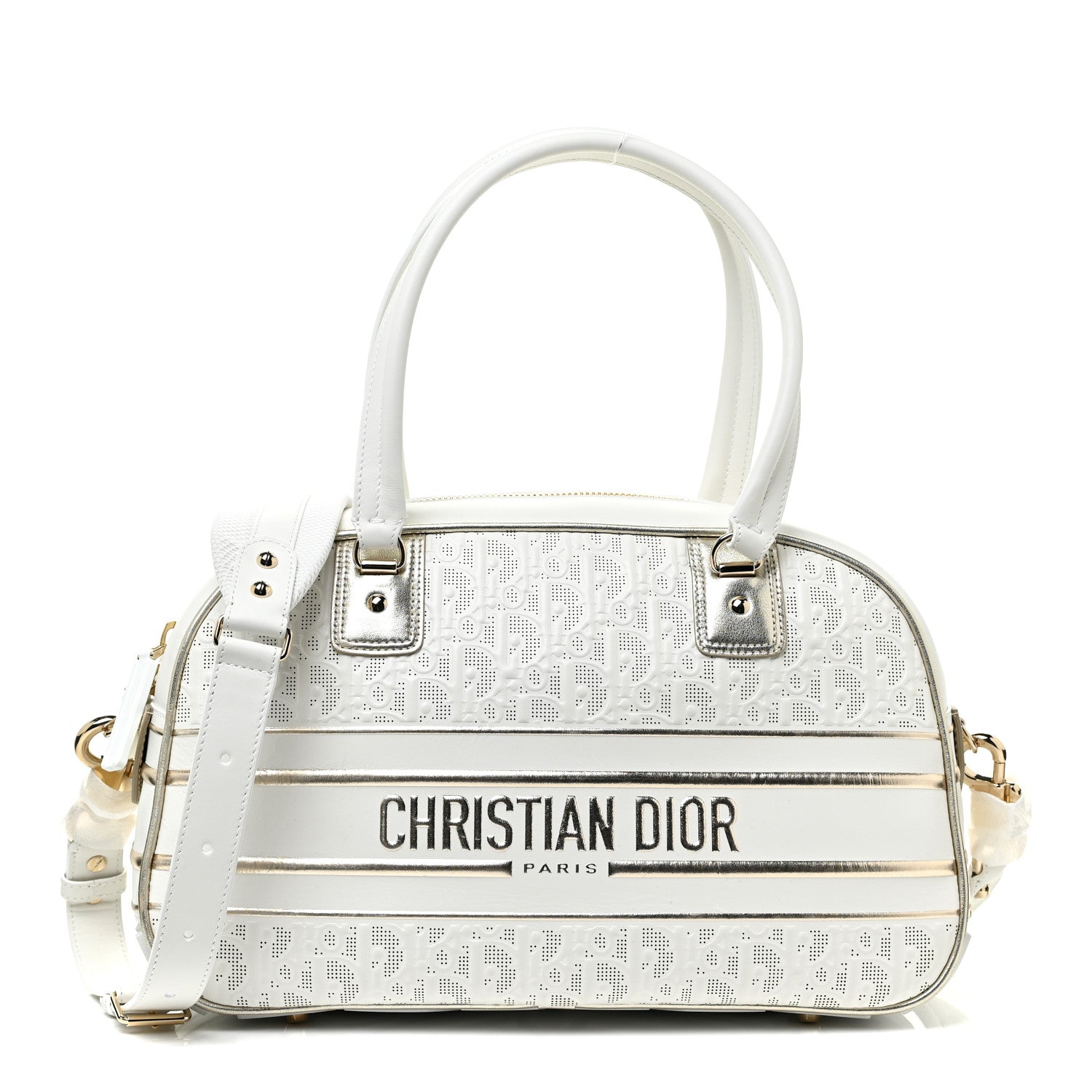 Christian Dior Perforated Calfskin Medium Dior Vibe Classic Bowling Bag White Gold 1 of 9