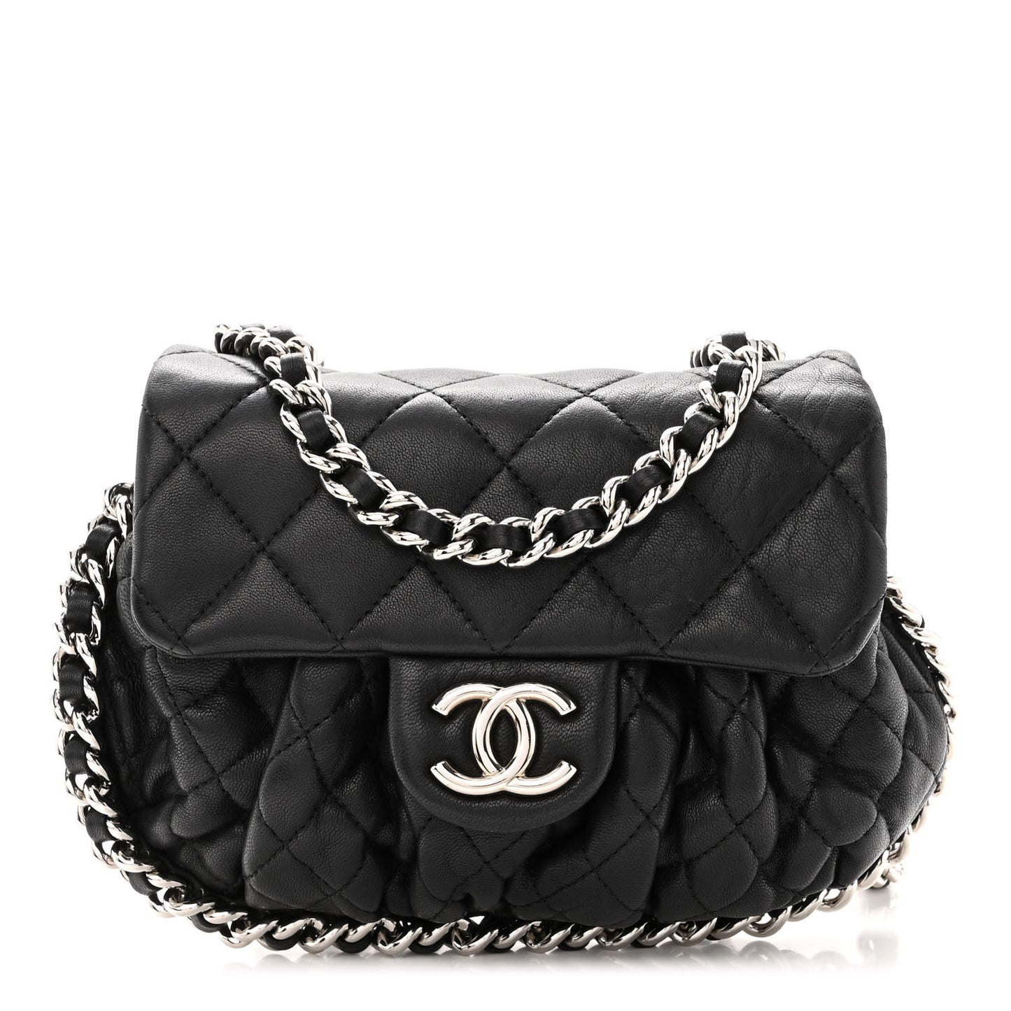 Washed Lambskin Quilted Mini Chain Around Flap Black