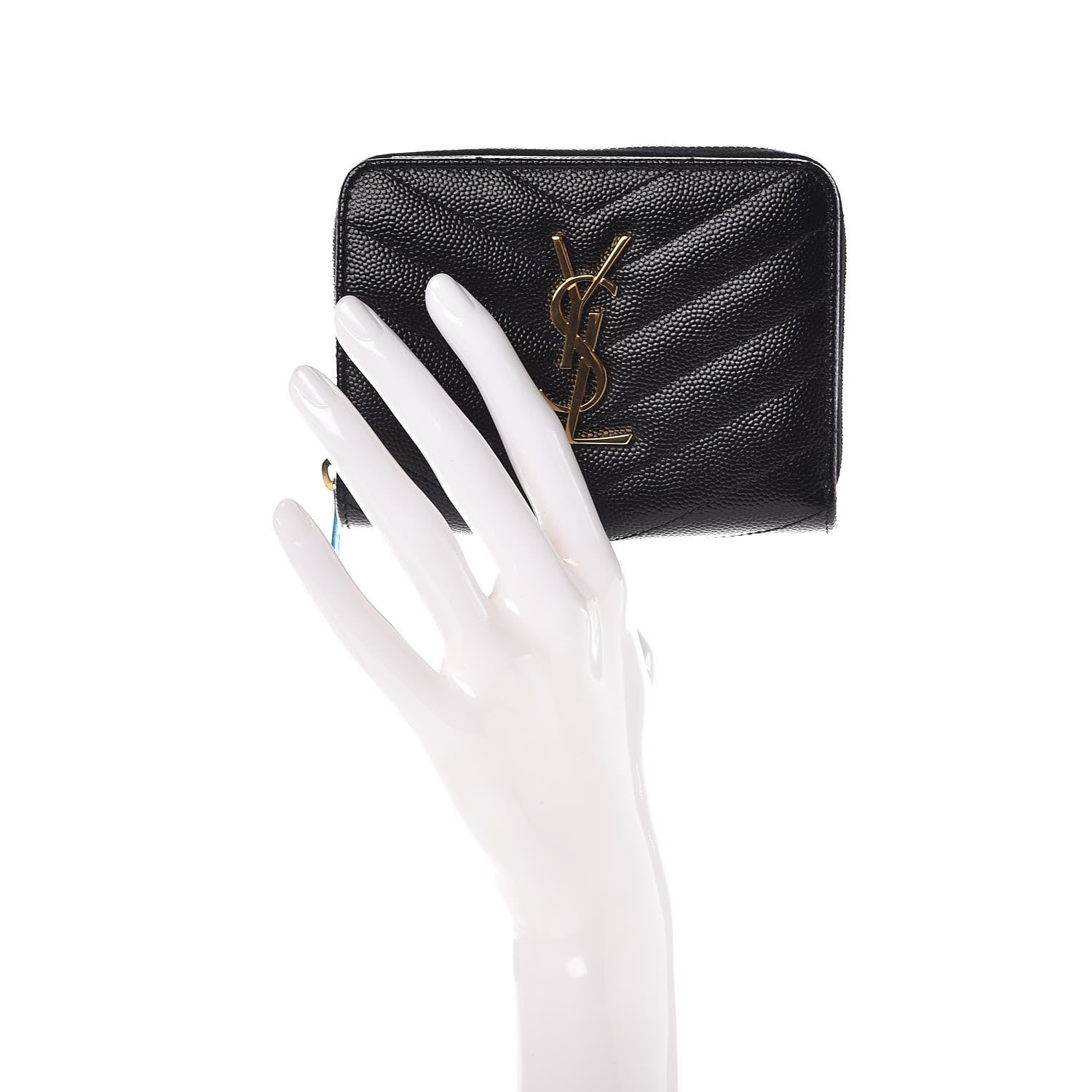 Saint Laurent Grain De Poudre Matelasse Chevron Monogram Compact Zip Around Wallet Black 2 of 7