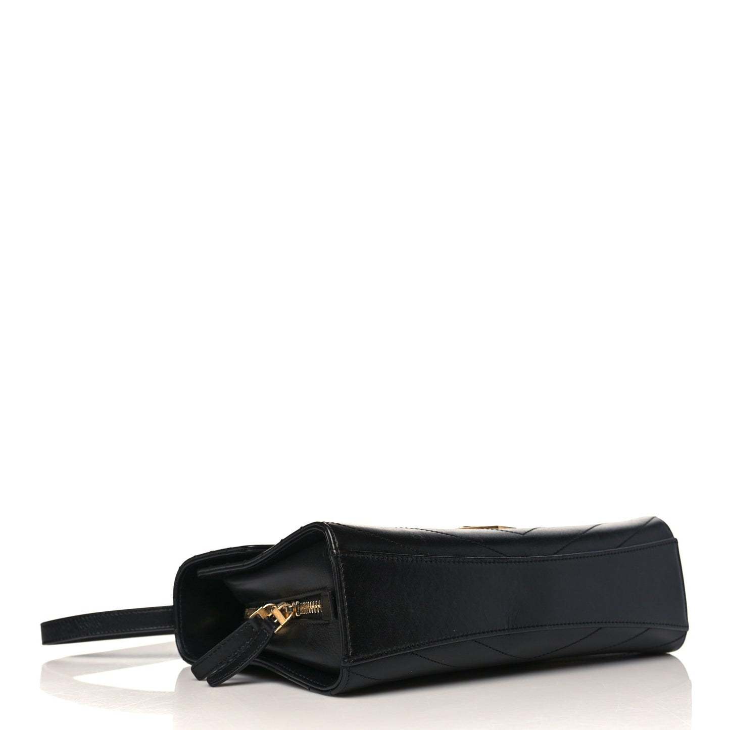 Calfskin Chevron Quilted Medal Flap Black