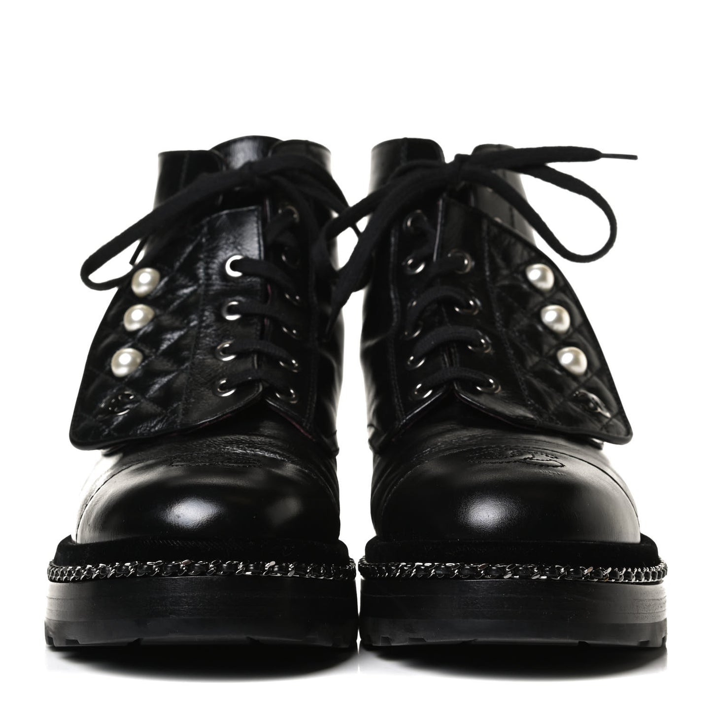 Crackled Calfskin Velvet Pearl Combat Short Boots 37.5 Black