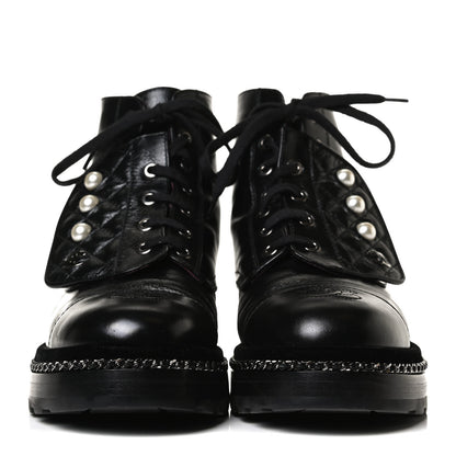 Chanel Crackled Calfskin Velvet Pearl Combat Short Boots 37.5 Black 2 of 15