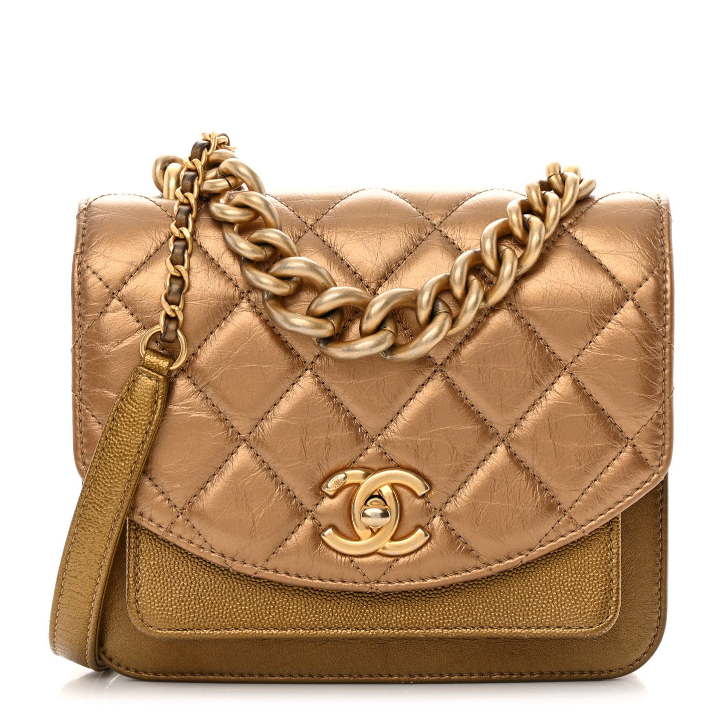 Metallic Calfskin Caviar Quilted Mini Chain Handle Flap Gold