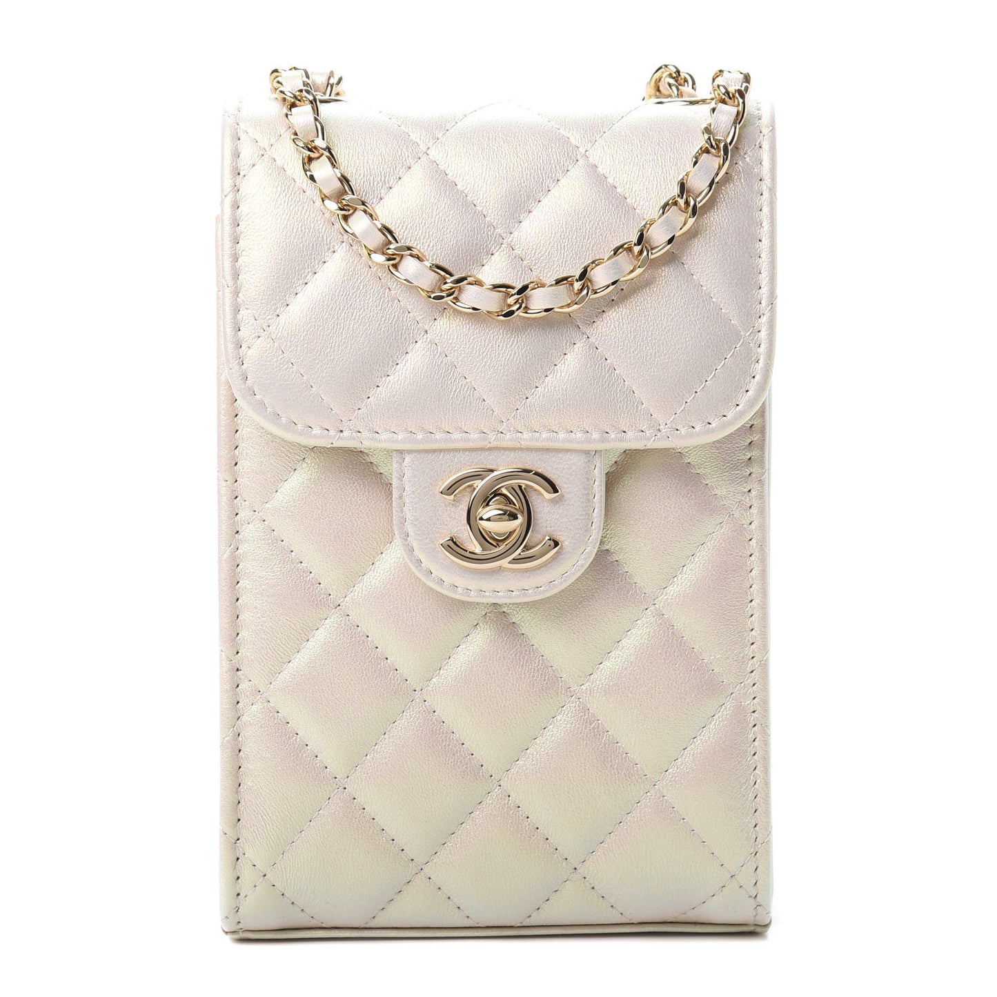 Iridescent Lambskin Quilted CC Phone Holder Ivory