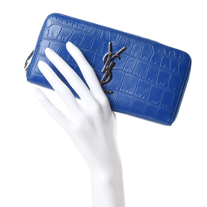 Saint Laurent Calfskin Crocodile Embossed Monogram Zip Around Wallet Royal Blue 2 of 9