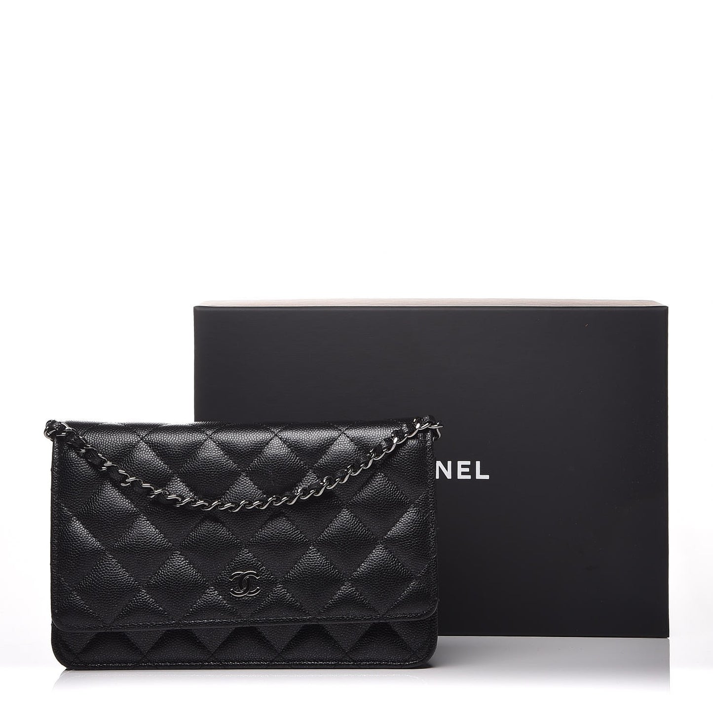 Metallic Caviar Quilted Wallet On Chain WOC Black