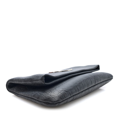 Saint Laurent Calfskin Crocodile Embossed West Hollywood Monogram Fold Over Clutch Black 4 of 6