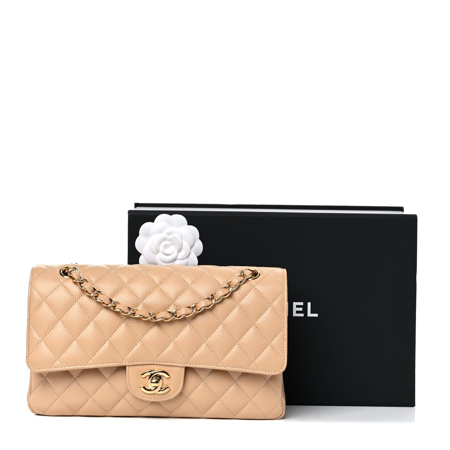 Caviar Quilted Medium Double Flap Beige