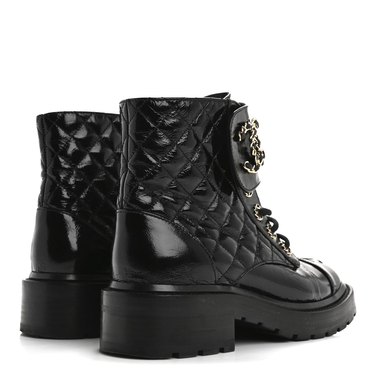 Shiny Lambskin Quilted Lace Up Combat Boots 37 Black