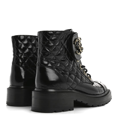 Chanel Shiny Lambskin Quilted Lace Up Combat Boots 37 Black 5 of 15