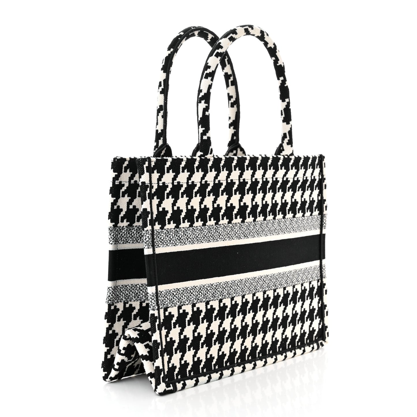 Canvas Macro Houndstooth Embroidered Medium Book Tote Black White