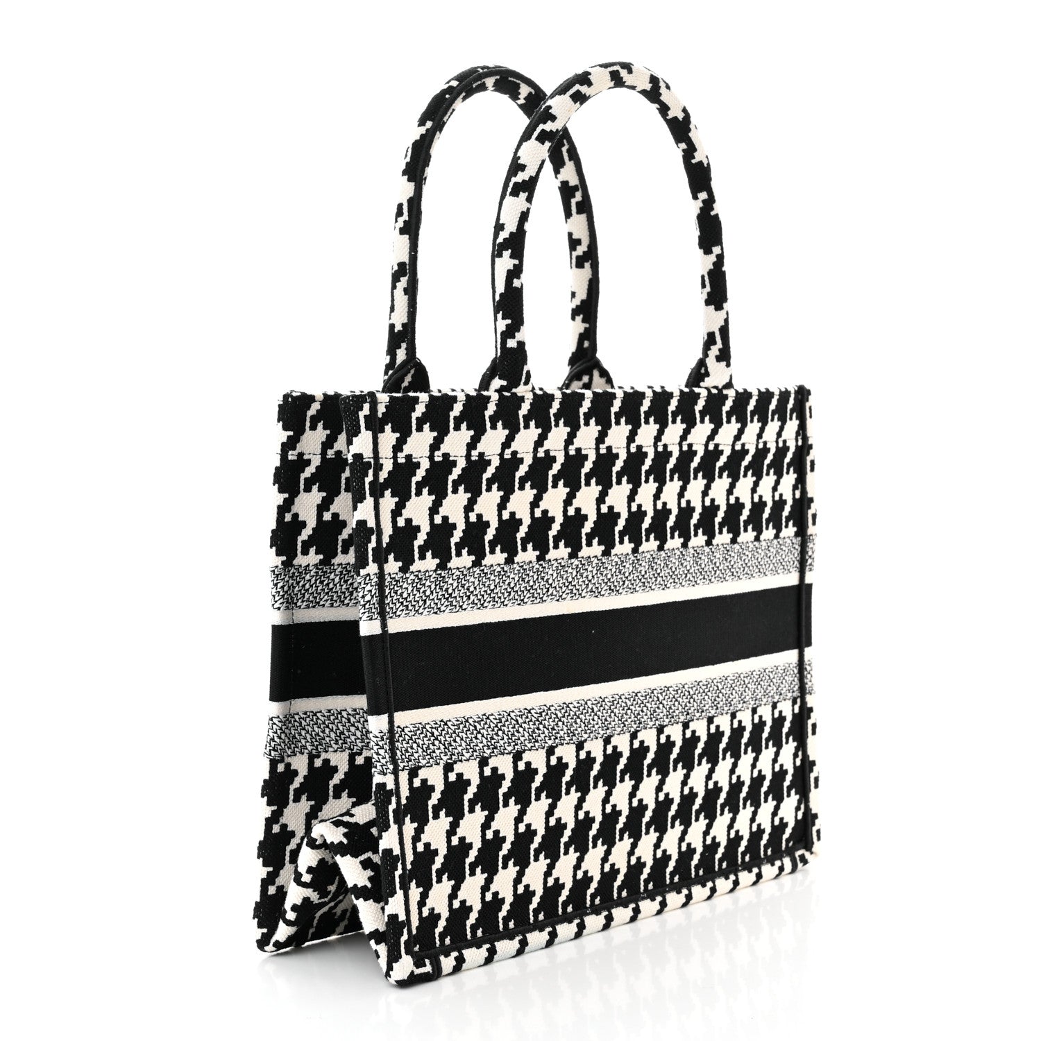 Christian Dior Canvas Macro Houndstooth Embroidered Medium Book Tote Black White 3 of 10