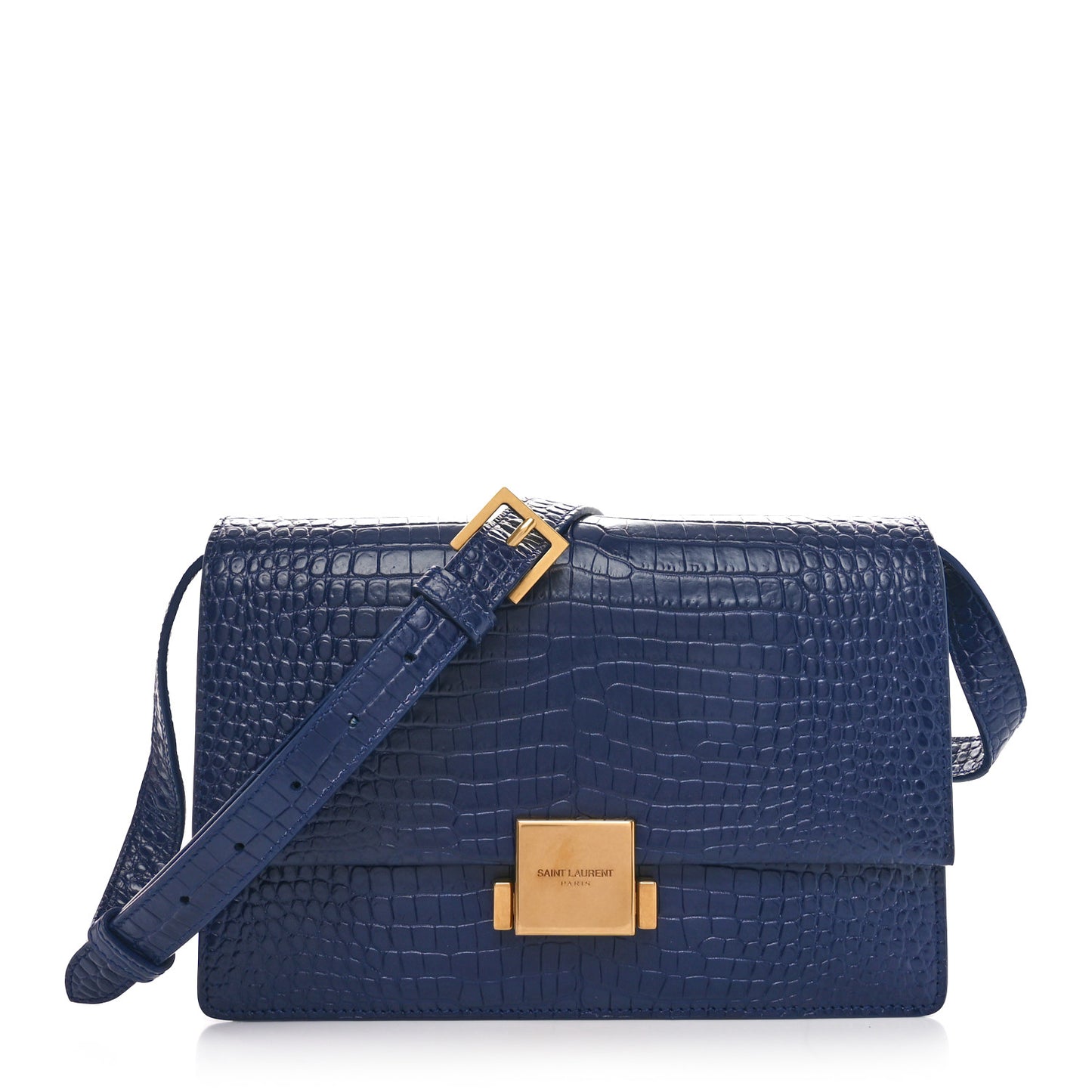 Calfskin Crocodile Embossed Medium Bellechasse Satchel Navy