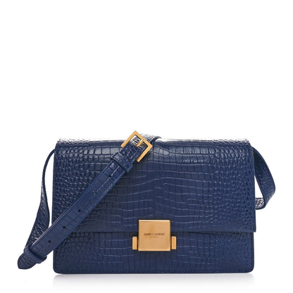 Saint Laurent Calfskin Crocodile Embossed Medium Bellechasse Satchel Navy 1 of 10