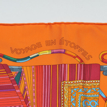 Hermes Silk Voyage En Etoffes Scarf 90 Orange Violet Jaune 3 of 6