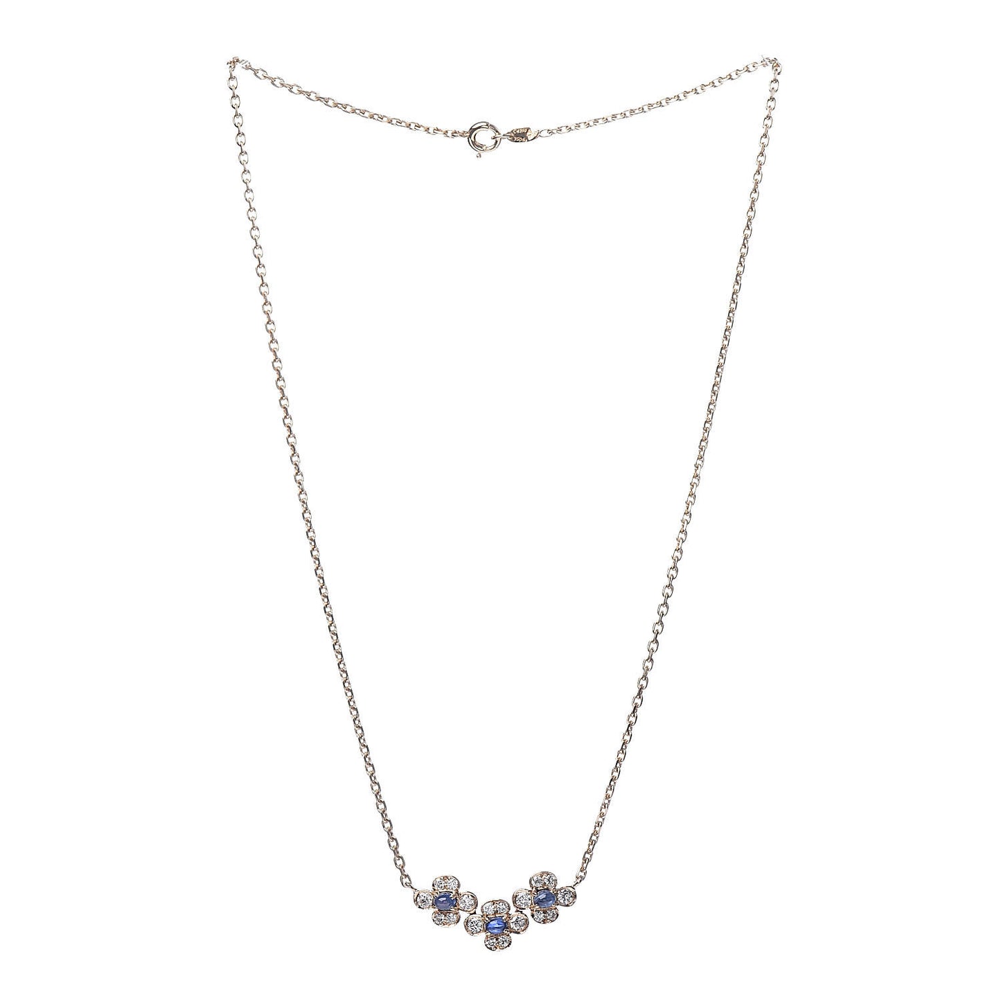 18K Yellow Gold Diamond Blue Sapphire Trefle Flower Pendant Necklace