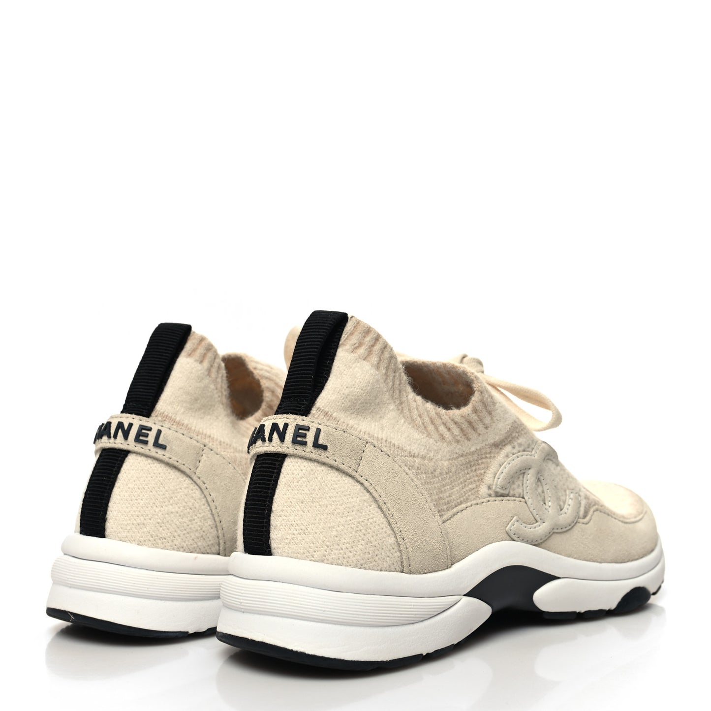 Knit Fabric Suede Calfskin Womens CC Sneakers 38 Beige