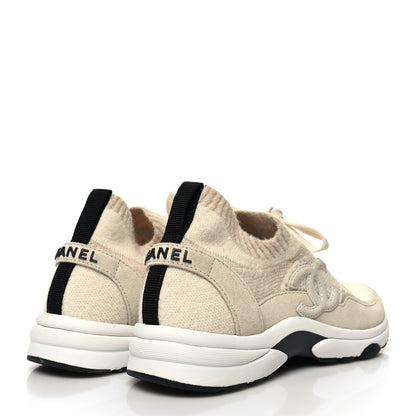 Chanel Knit Fabric Suede Calfskin Womens CC Sneakers 38 Beige 4 of 8