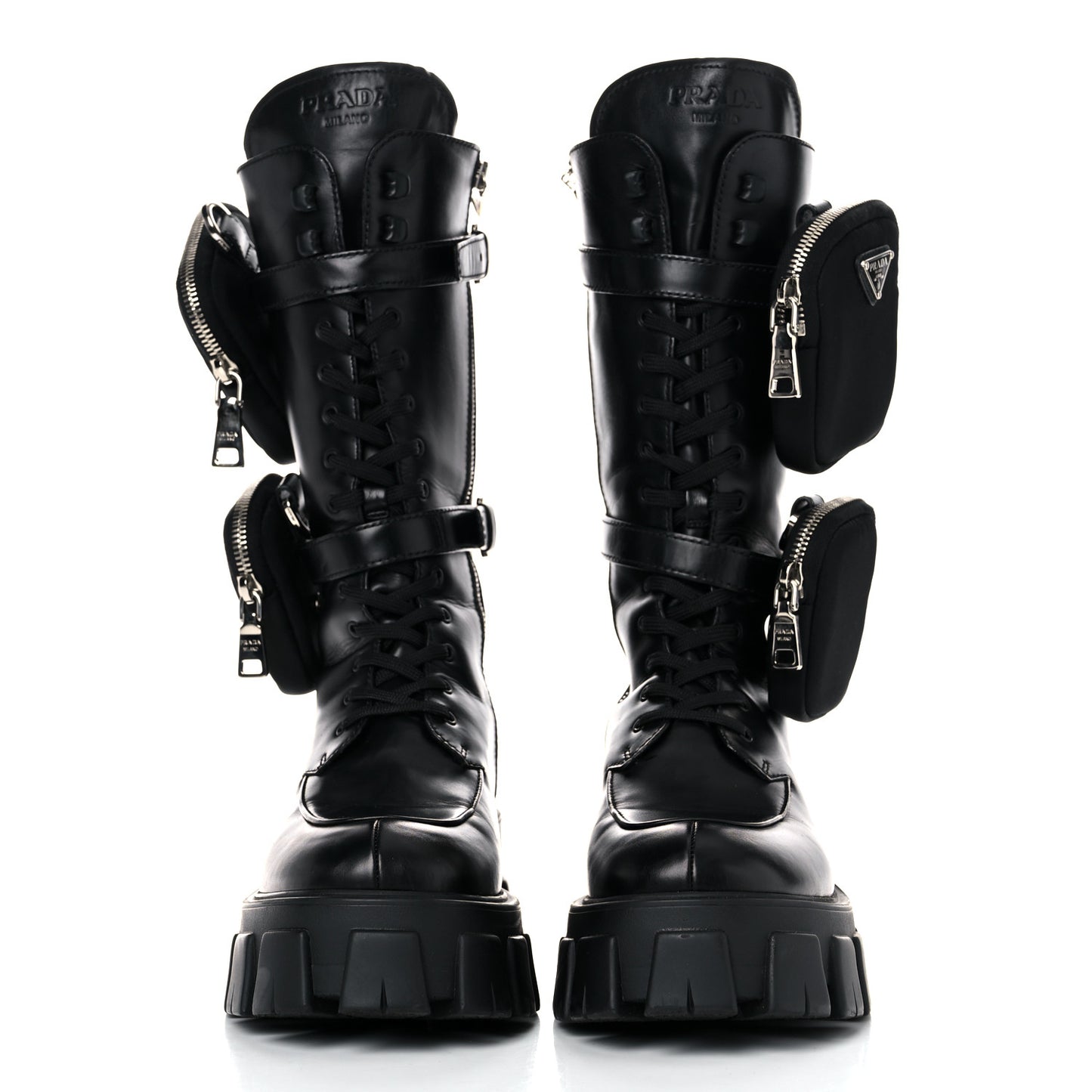 Vitello Lux Nylon Metal Triangle Logo Monolith Pouch Pocket 55mm Tall Combat Boots 39.5 Black