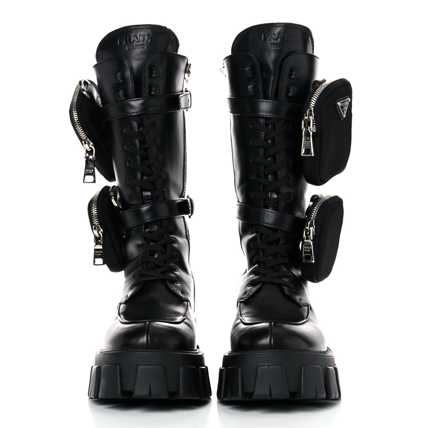 Prada Vitello Lux Nylon Metal Triangle Logo Monolith Pouch Pocket 55mm Tall Combat Boots 39.5 Black 2 of 12