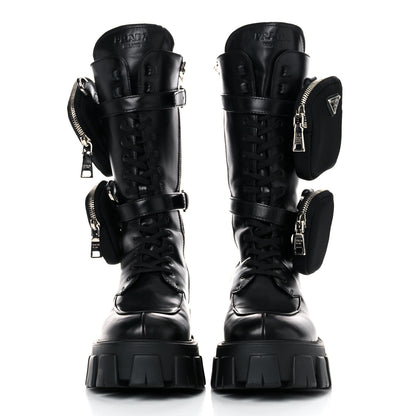 Prada Vitello Lux Nylon Metal Triangle Logo Monolith Pouch Pocket 55mm Tall Combat Boots 39.5 Black 2 of 12