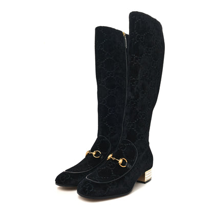 Gucci Velvet GG Monogram Crystal Horsebit Knee High Boots 38 Black 3 of 7