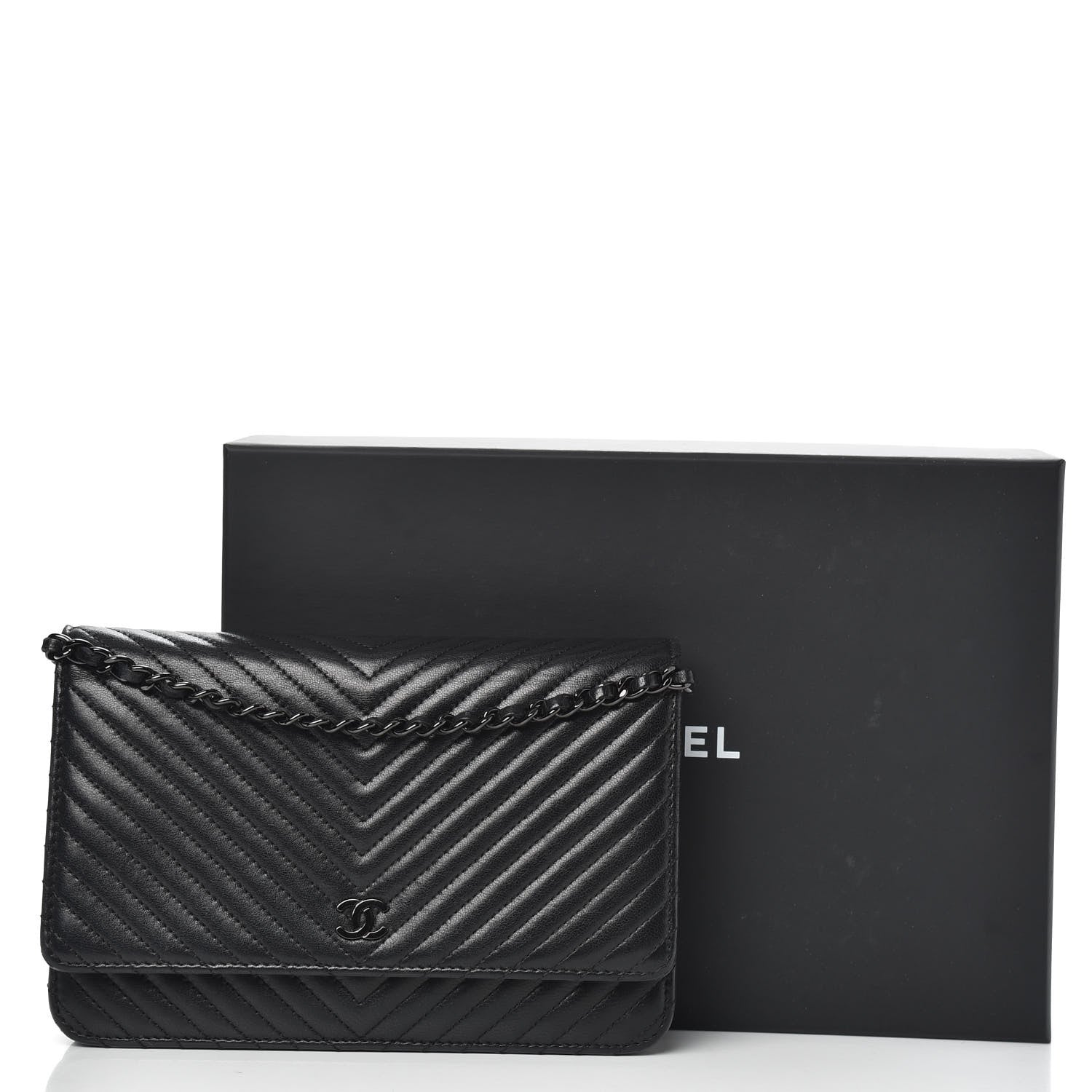 Chanel Lambskin Chevron Quilted Wallet On Chain WOC So Black 12 of 13