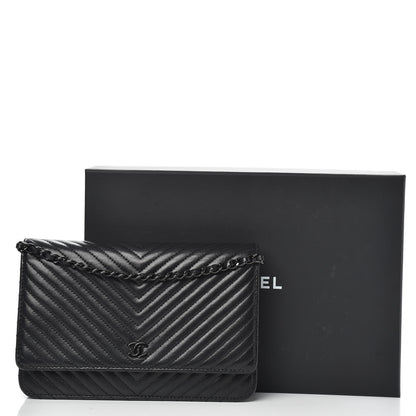 Chanel Lambskin Chevron Quilted Wallet On Chain WOC So Black 12 of 13
