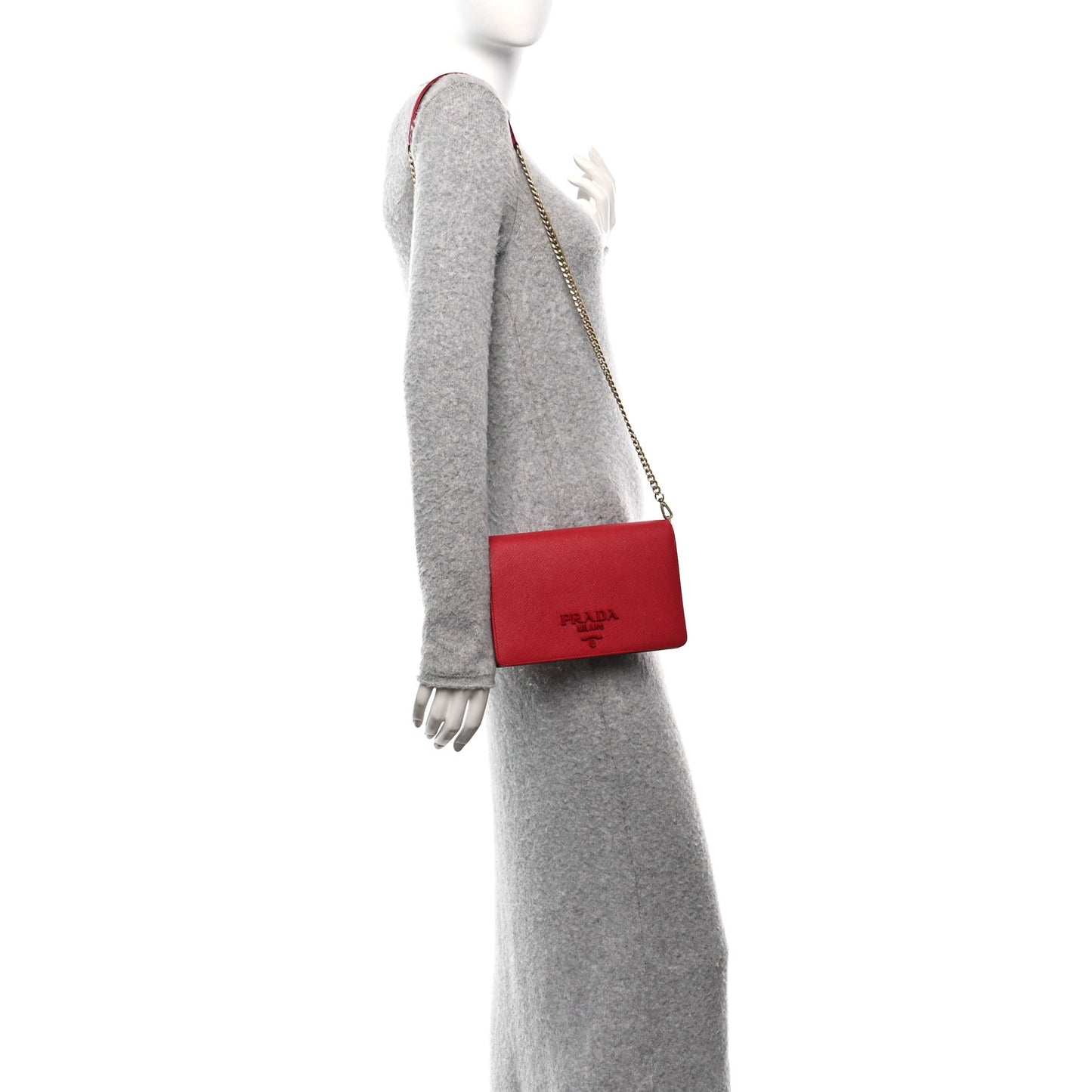 Saffiano Lux Metal Logo Monochrome Mini Flap Chain Shoulder Bag Fuoco