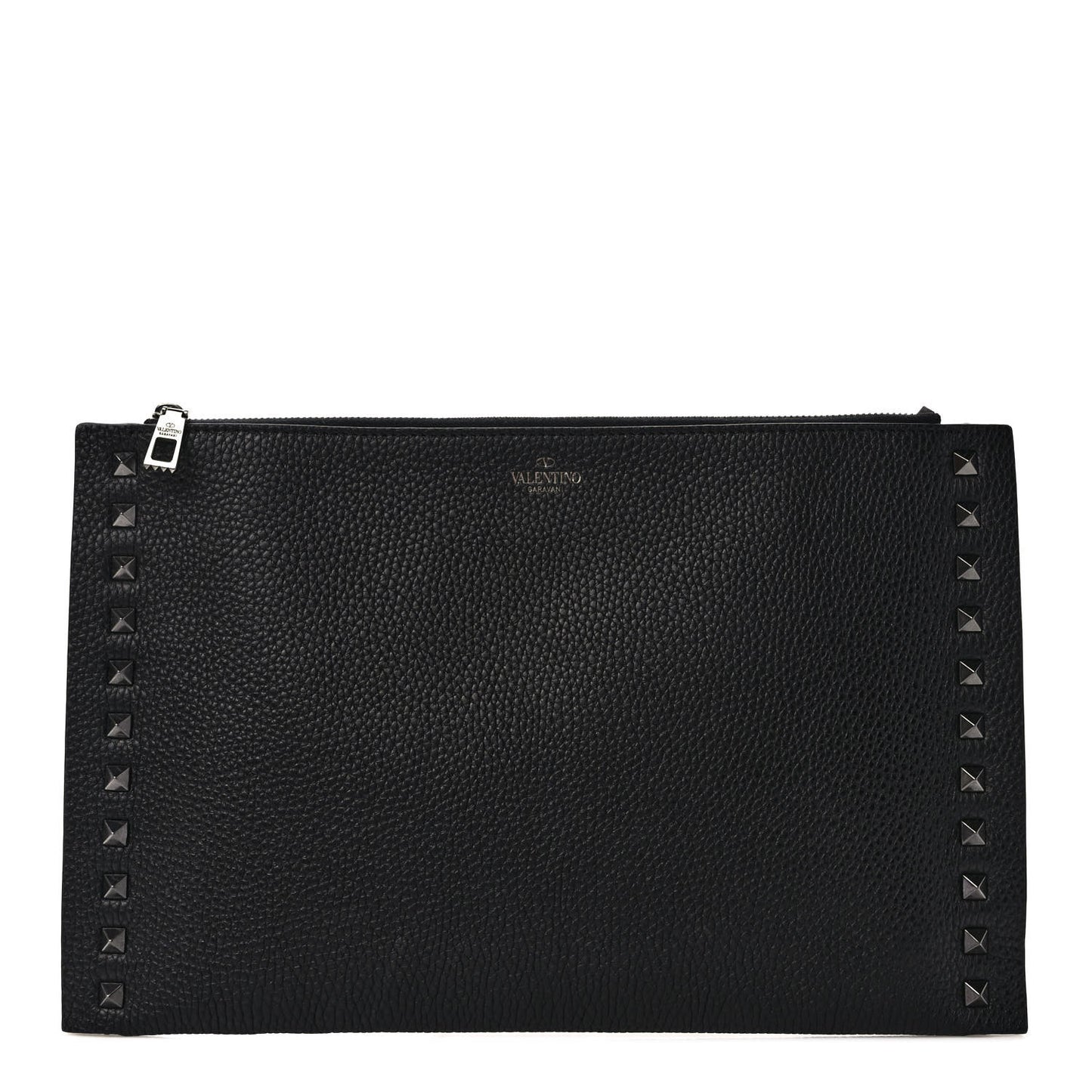 Pebbled Calfskin Monochrome Large Rockstud Zip Pouch Black