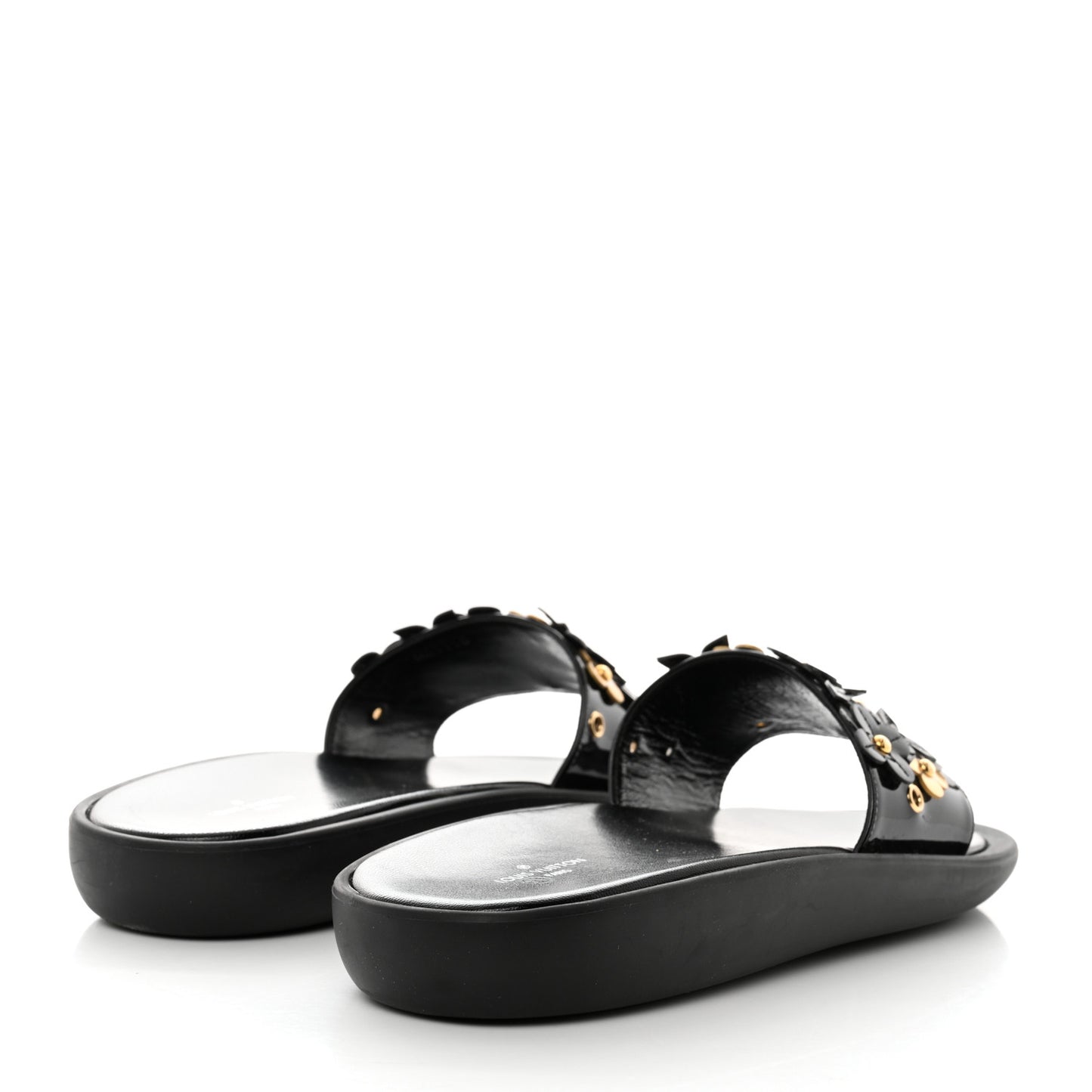 Patent Sunbath Flower Slide Sandals 37 Black Gold