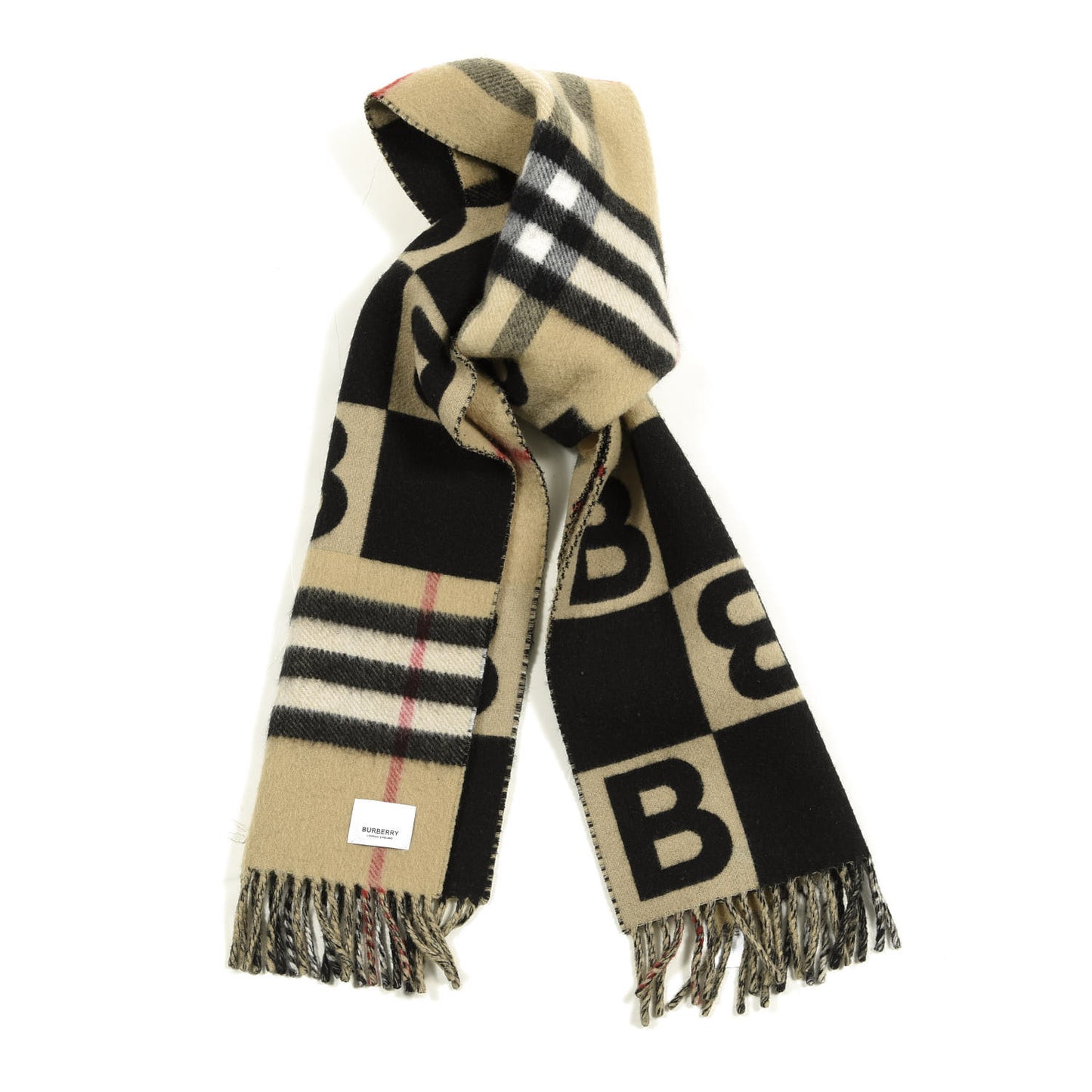 Wool Cashmere Check B Motif Fringe Scarf Black