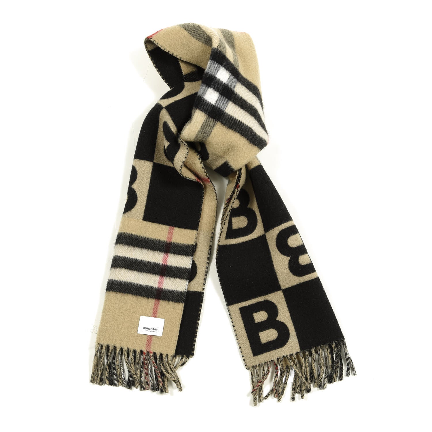 Burberry Wool Cashmere Check B Motif Fringe Scarf Black 1 of 4