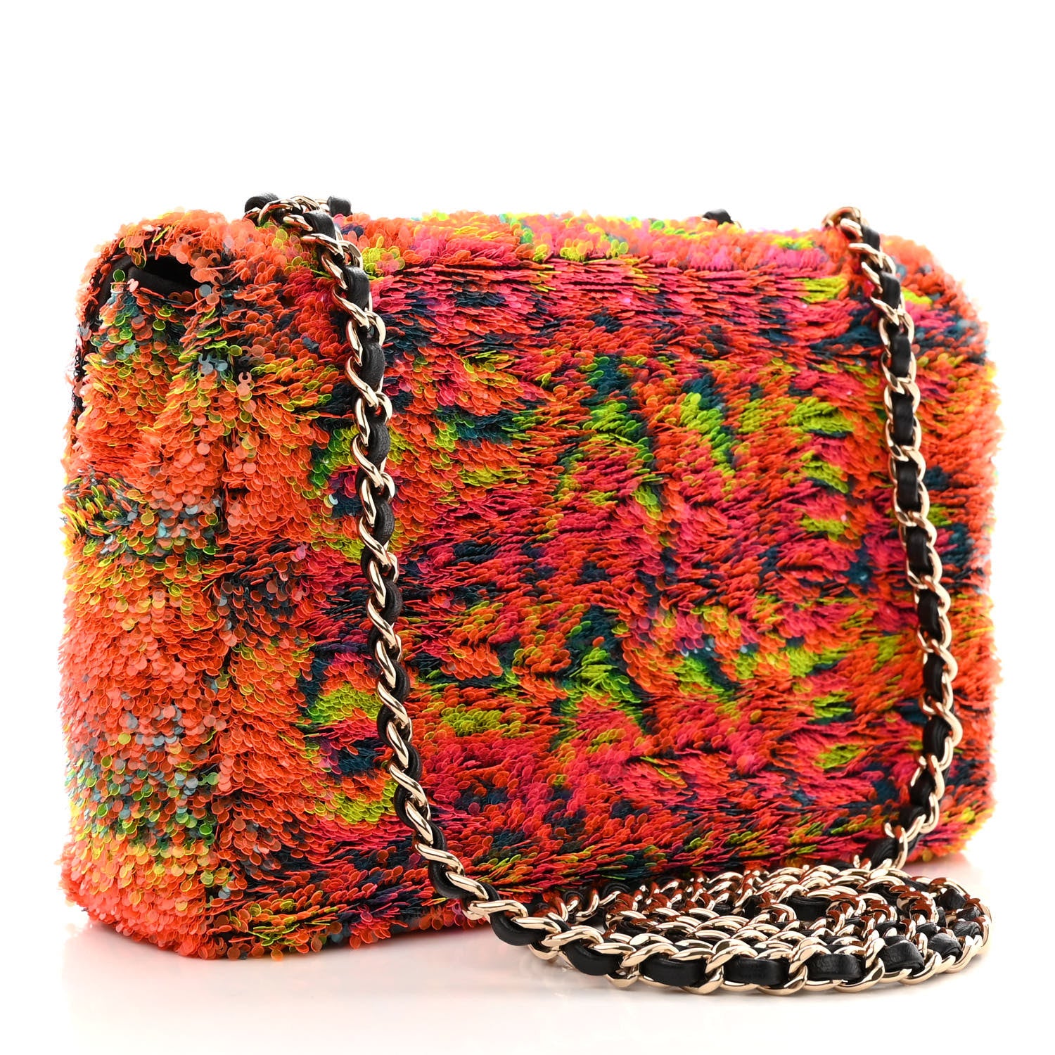 Chanel Sequin Logo Single Flap Orange Turquoise Pink 3 of 10