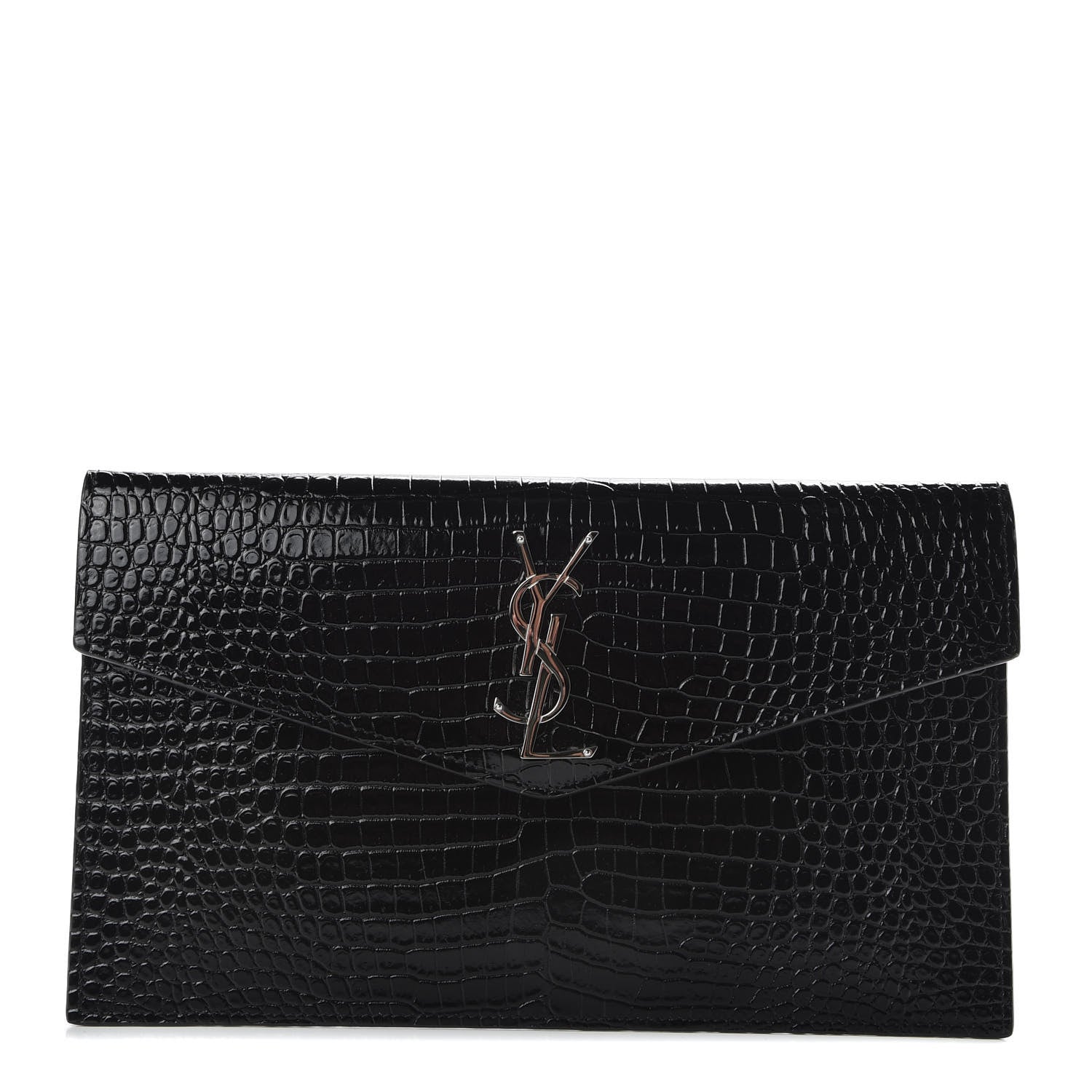Saint Laurent Calfskin Crocodile Embossed Uptown Monogram Clutch Black 1 of 7